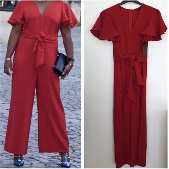 NWOT - ZARA RED JUMPSUIT WITH BOW RUFFLED SLEEVES Size: XS - Picture 3 of 4